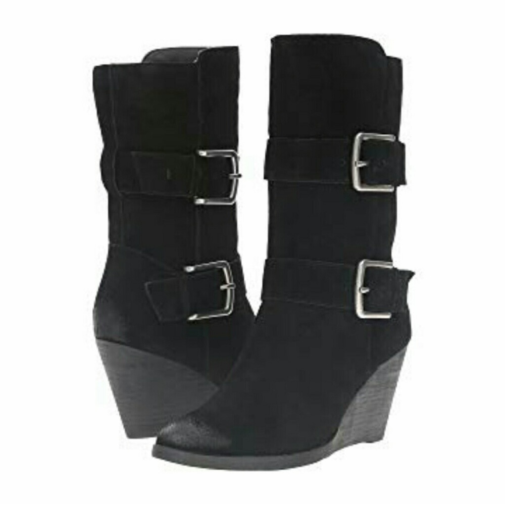 Very Volatile Lars Wedge Booties Size 10 Black Wedge Heel Buckle Boots